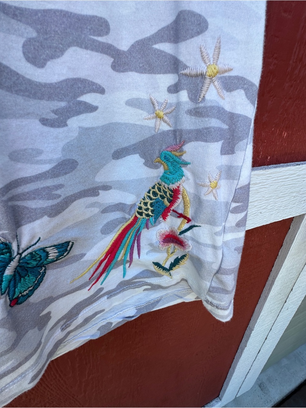 Johnny Was camo tee with embroidered pink and gold floral patch. XS, Runs large! - Picture 8 of 10
